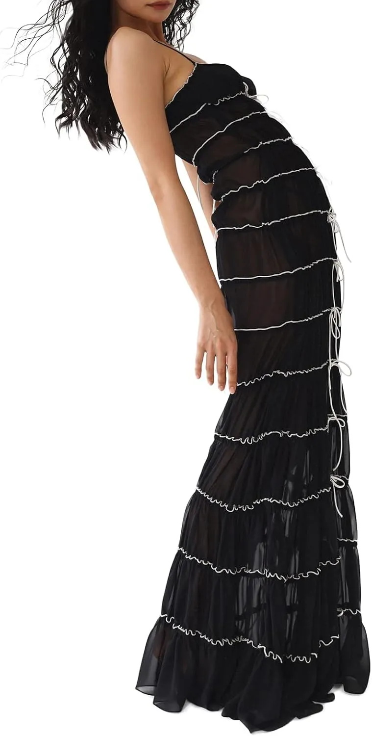 Sexy See Through Sheer Lace Maxi Dress Patchwork Backless Bodycon Long Dresses Beach Vacation Party Wear
