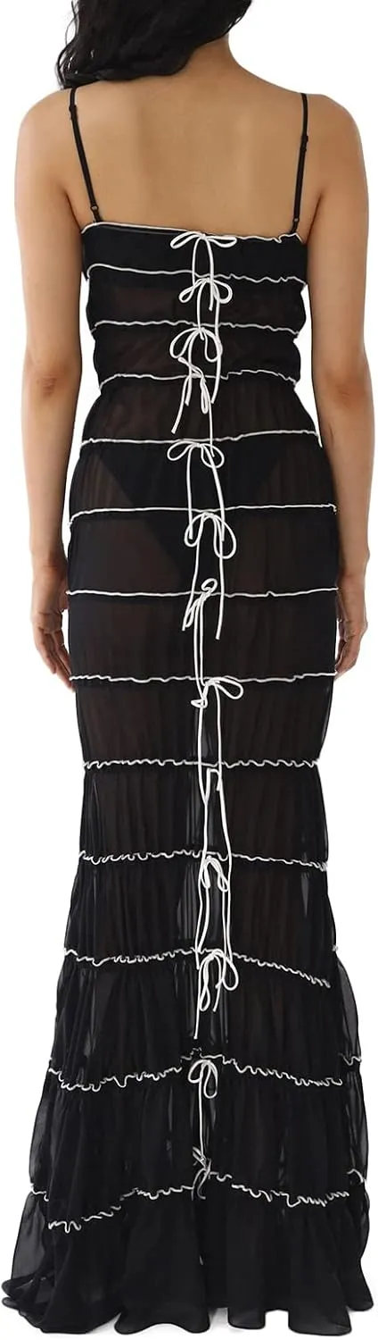 Sexy See Through Sheer Lace Maxi Dress Patchwork Backless Bodycon Long Dresses Beach Vacation Party Wear