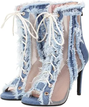 SHEMEE Women's Denim Patchwork Mesh Peep Toe High Heels Sandals Booties Lace Up Summer Open-toe Back Zipper Short Ankle Boots