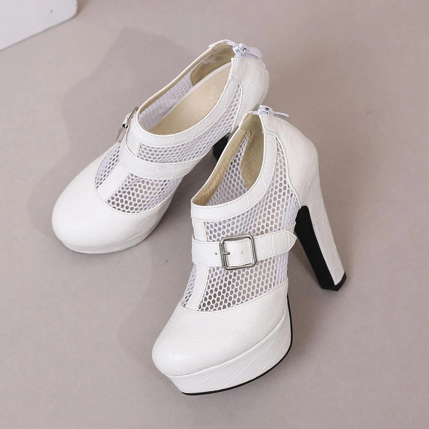 SHEMEE Women's Super High Heel Platform Pumps Block Chunky Heels Ankle Booties Buckle Pull On Dress Shoes