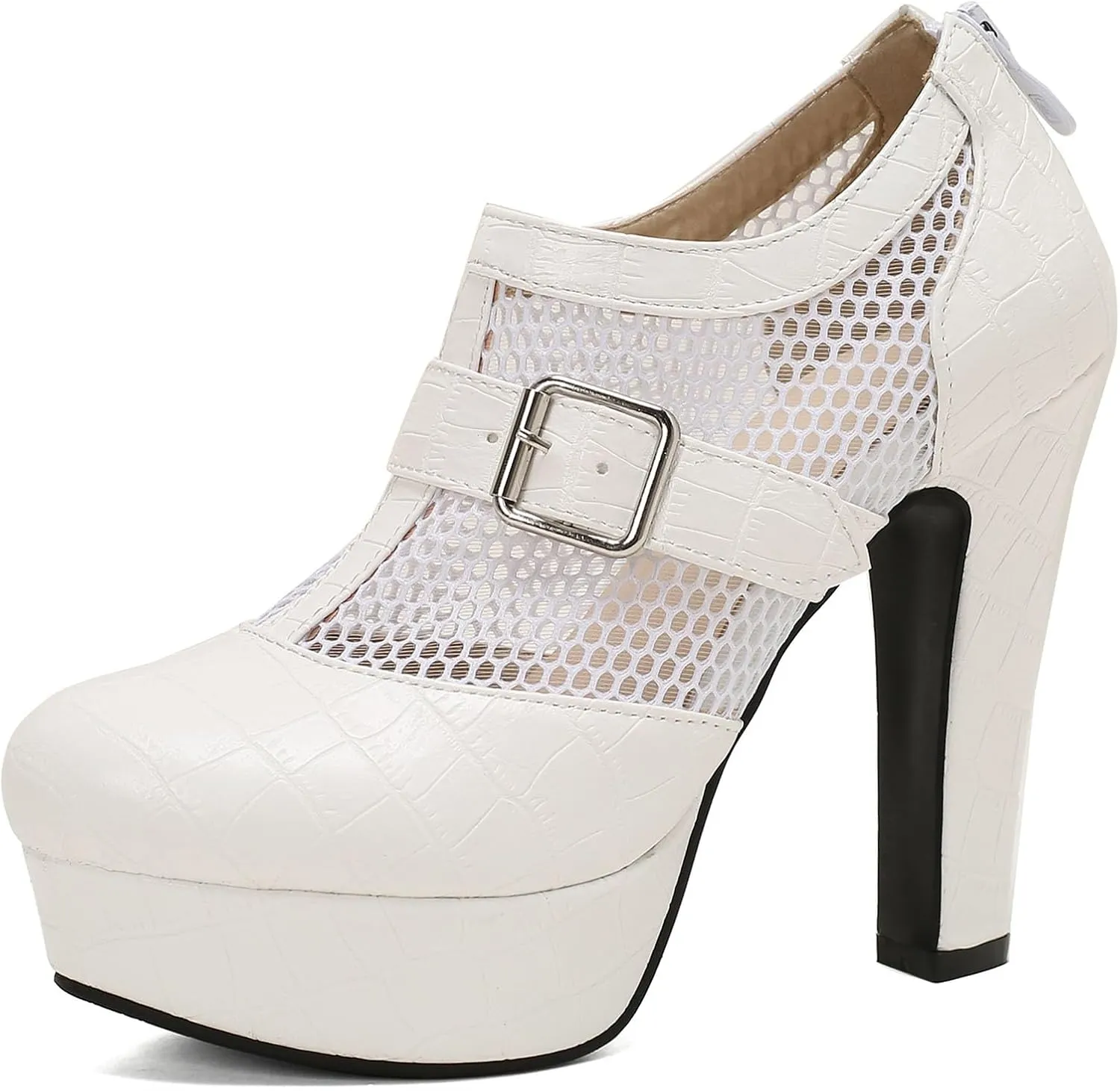 SHEMEE Women's Super High Heel Platform Pumps Block Chunky Heels Ankle Booties Buckle Pull On Dress Shoes
