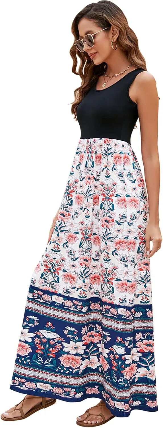 Sherosa Women Boho Chevron Striped Floral Printed Summer Sleeveless Tank Long Maxi Party Dress