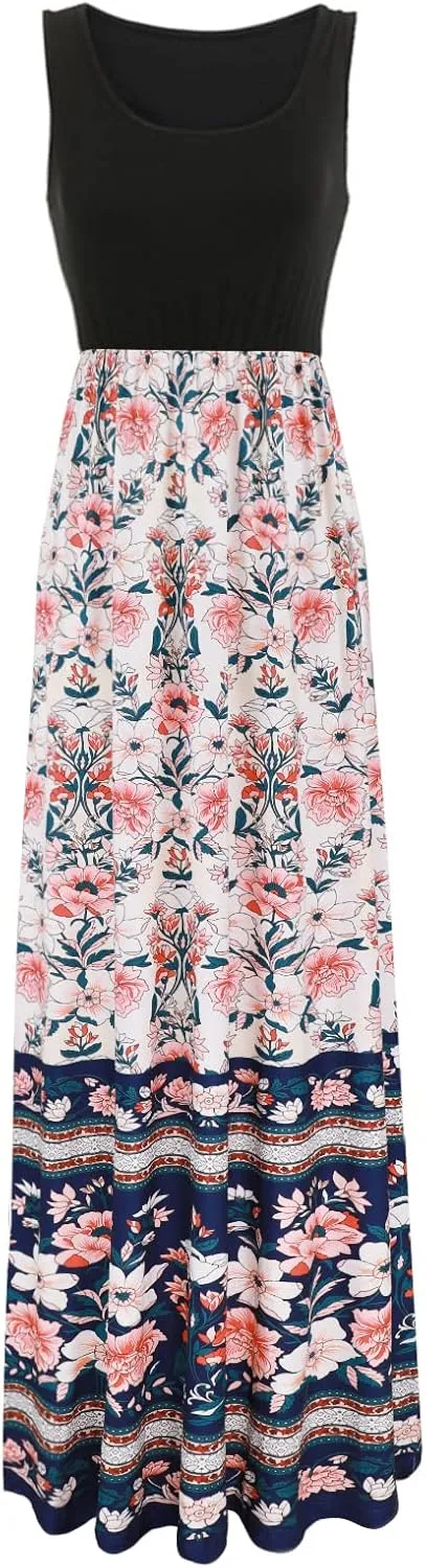 Sherosa Women Boho Chevron Striped Floral Printed Summer Sleeveless Tank Long Maxi Party Dress