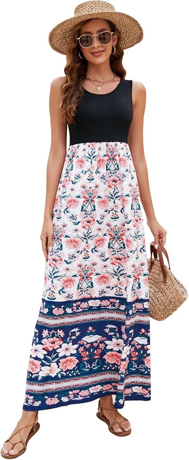 Sherosa Women Boho Chevron Striped Floral Printed Summer Sleeveless Tank Long Maxi Party Dress