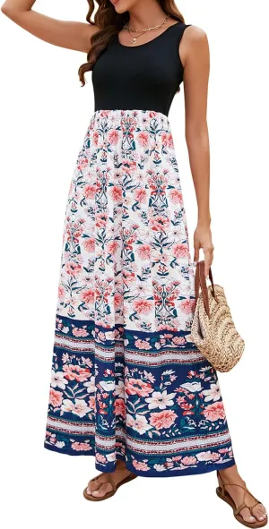 Sherosa Women Boho Chevron Striped Floral Printed Summer Sleeveless Tank Long Maxi Party Dress