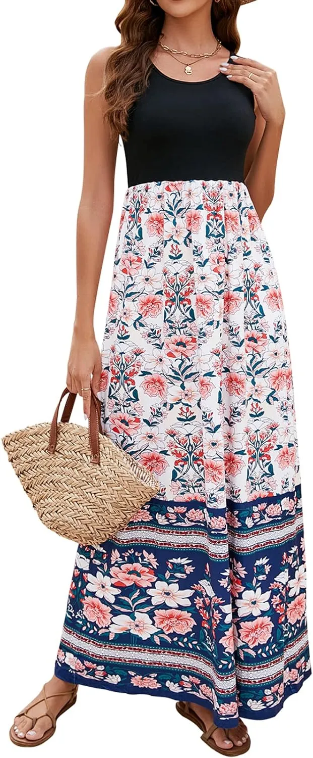 Sherosa Women Boho Chevron Striped Floral Printed Summer Sleeveless Tank Long Maxi Party Dress