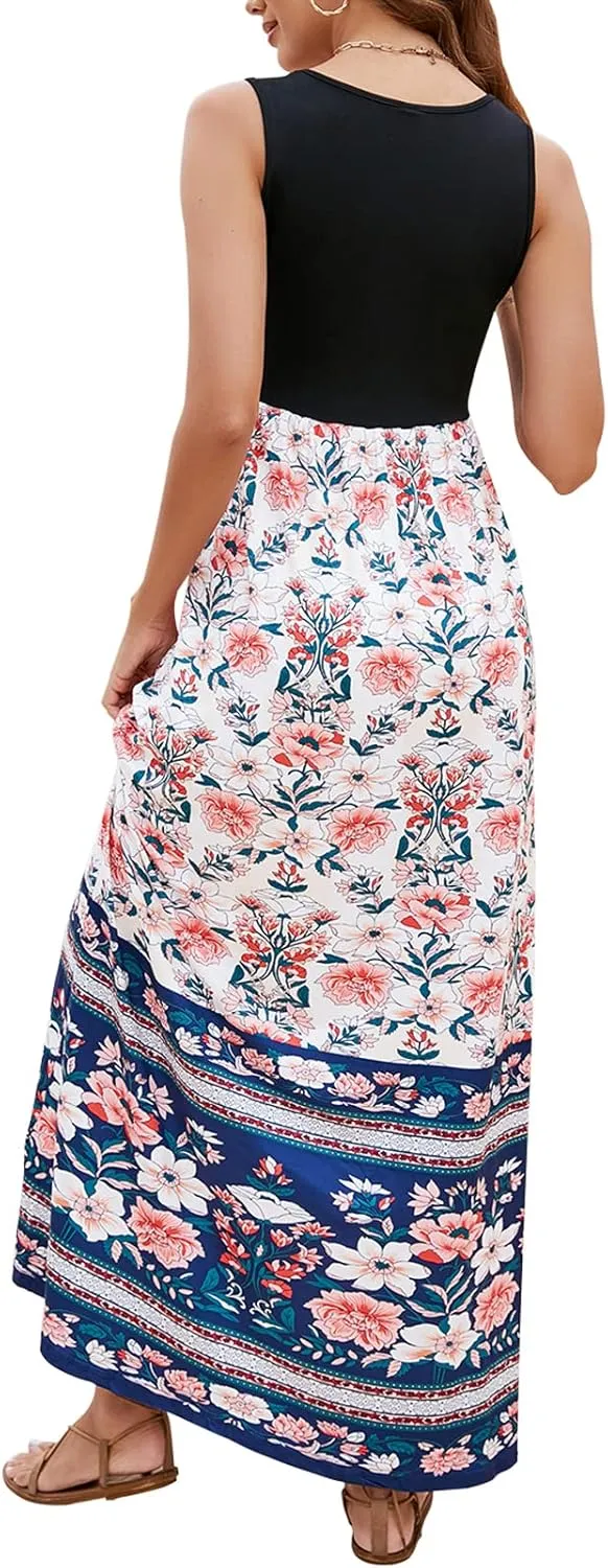 Sherosa Women Boho Chevron Striped Floral Printed Summer Sleeveless Tank Long Maxi Party Dress