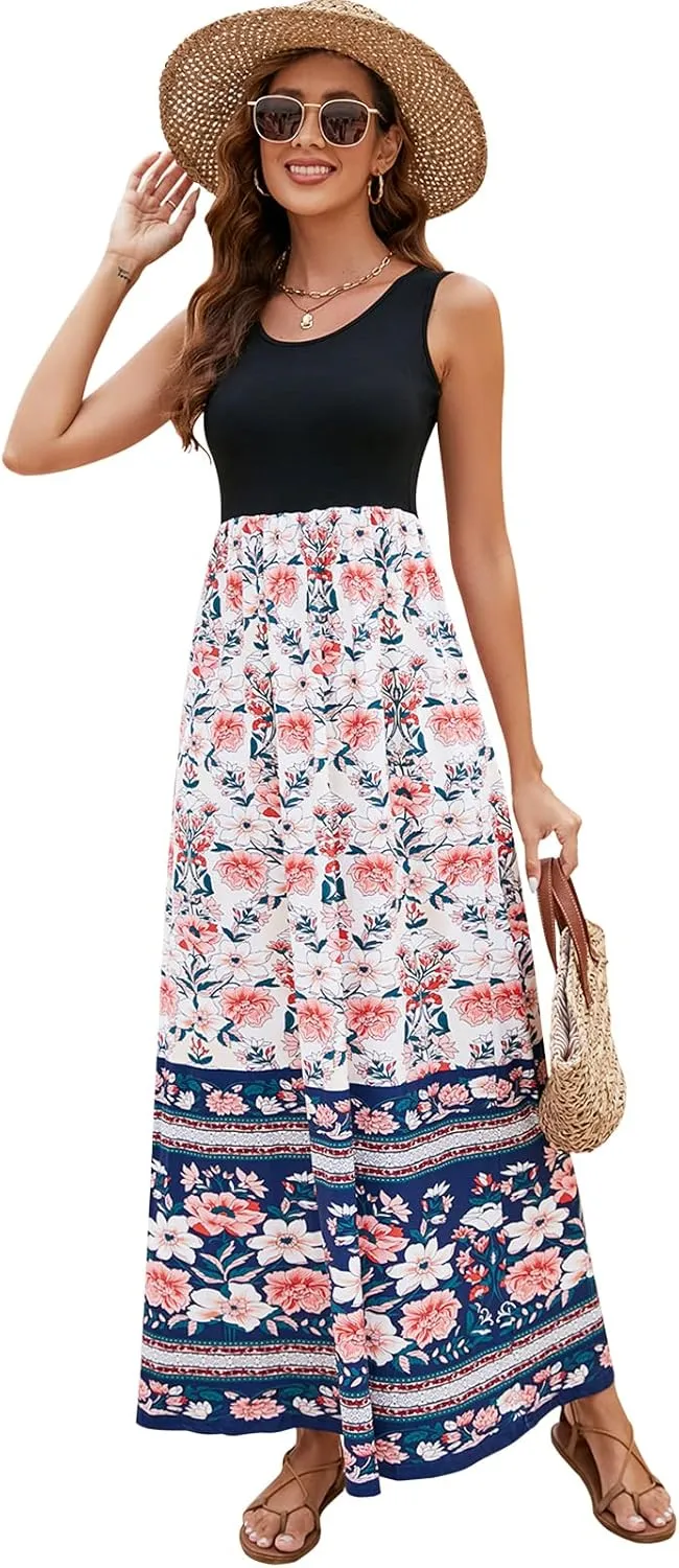 Sherosa Women Boho Chevron Striped Floral Printed Summer Sleeveless Tank Long Maxi Party Dress