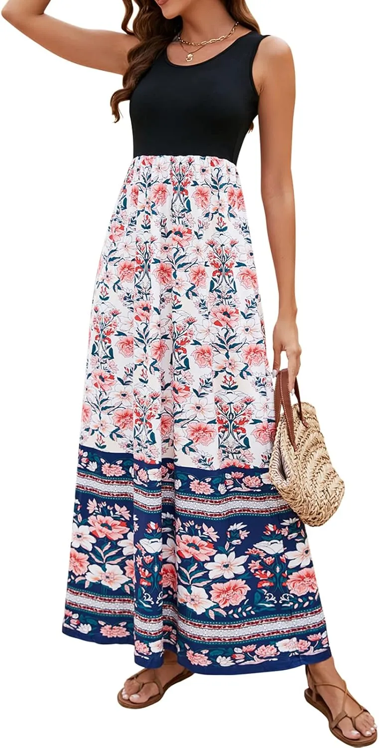 Sherosa Women Boho Chevron Striped Floral Printed Summer Sleeveless Tank Long Maxi Party Dress
