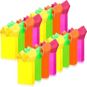 Sherr 24 Pieces Neon Party Favor Gift Bags with 24 Tissue Assorted Color Kraft Paper Party Treat Bags with Handles for Birthday, Wedding and Celebrations