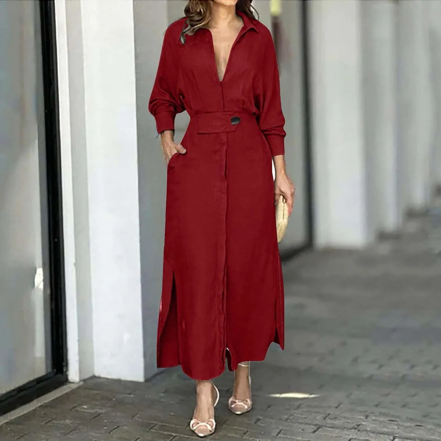 Shirt Dress for Women Lapel Collar Loose Cotton Linen Long Sleeve Cardigan Dresses Slim Fit High Waist Dress