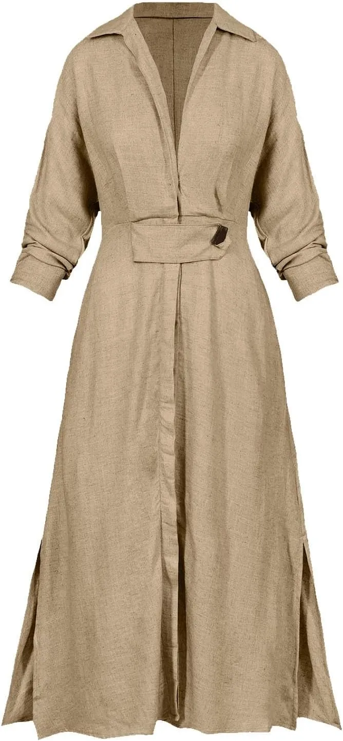Shirt Dress for Women Lapel Collar Loose Cotton Linen Long Sleeve Cardigan Dresses Slim Fit High Waist Dress