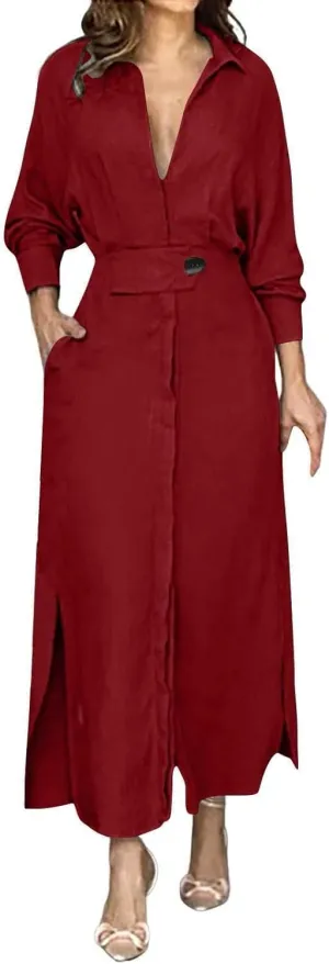 Shirt Dress for Women Lapel Collar Loose Cotton Linen Long Sleeve Cardigan Dresses Slim Fit High Waist Dress