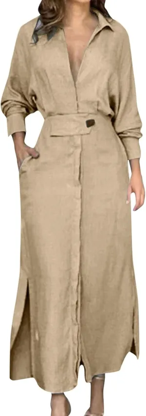 Shirt Dress for Women Lapel Collar Loose Cotton Linen Long Sleeve Cardigan Dresses Slim Fit High Waist Dress