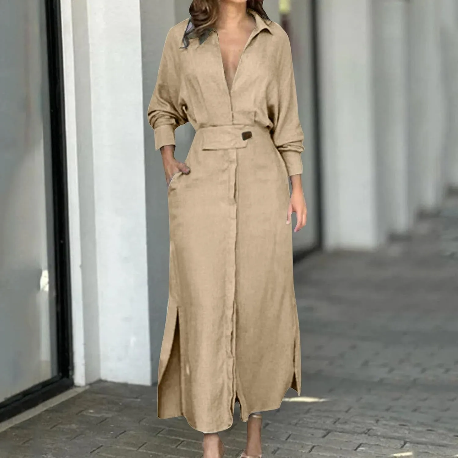 Shirt Dress for Women Lapel Collar Loose Cotton Linen Long Sleeve Cardigan Dresses Slim Fit High Waist Dress