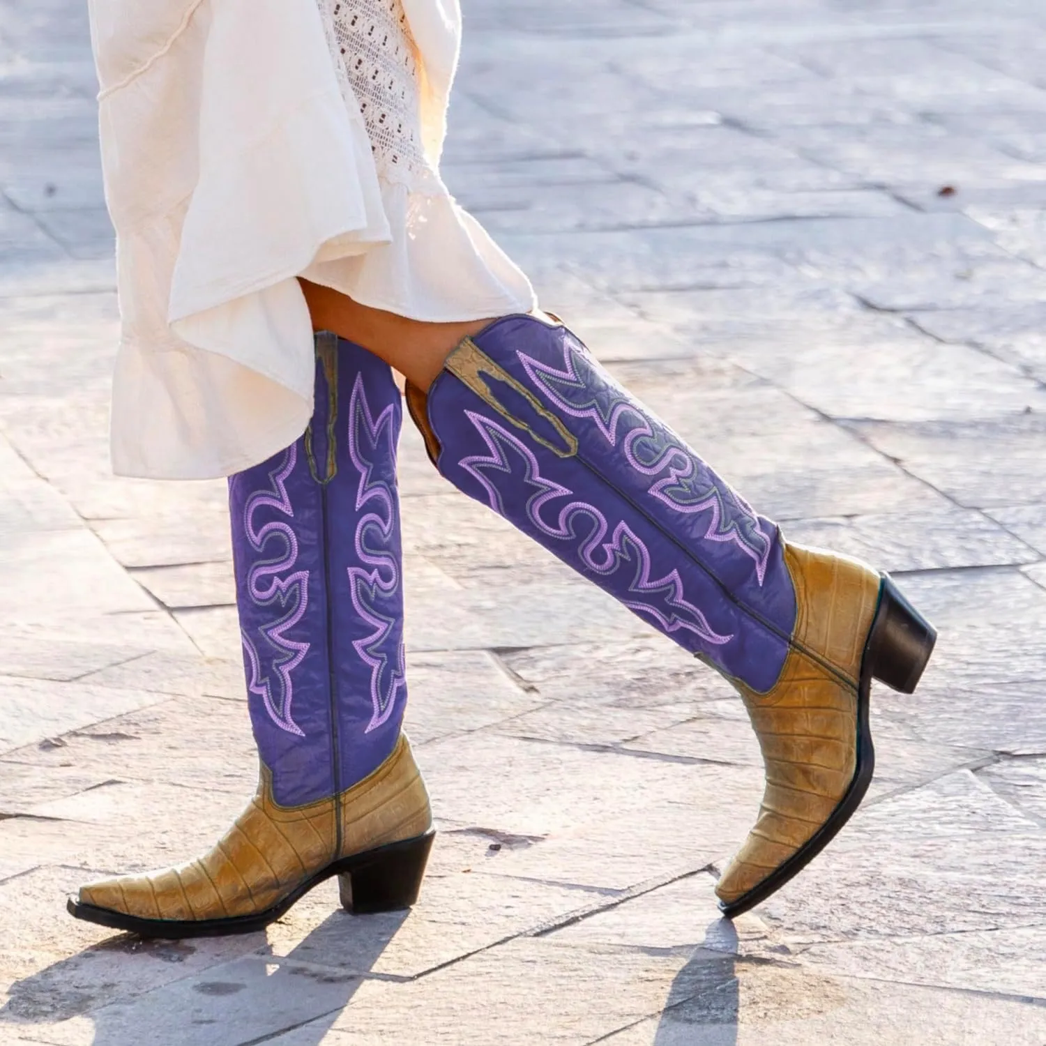 SHODENSE Women Chunky Heel Mid Calf Western Boots Embroidered Pointed Toe Cowboy Calf Boots Crocodile Two Tone 2 Inch Block Heel Cowgirl Boots Calf High Patchwork Pull On Wide Calf 4-11 M US