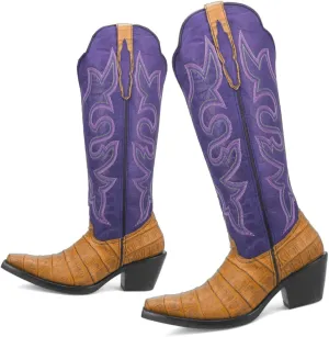 SHODENSE Women Chunky Heel Mid Calf Western Boots Embroidered Pointed Toe Cowboy Calf Boots Crocodile Two Tone 2 Inch Block Heel Cowgirl Boots Calf High Patchwork Pull On Wide Calf 4-11 M US
