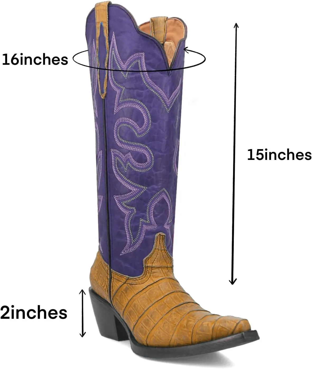 SHODENSE Women Chunky Heel Mid Calf Western Boots Embroidered Pointed Toe Cowboy Calf Boots Crocodile Two Tone 2 Inch Block Heel Cowgirl Boots Calf High Patchwork Pull On Wide Calf 4-11 M US