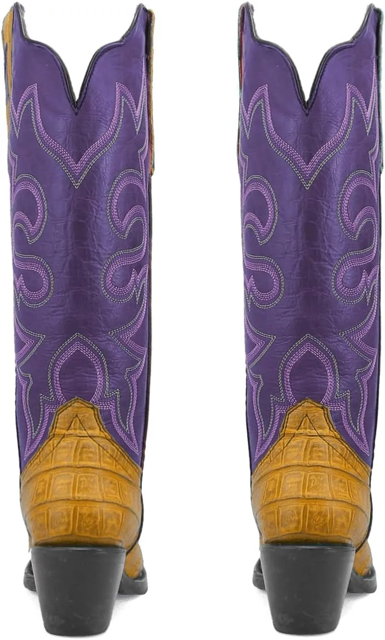 SHODENSE Women Chunky Heel Mid Calf Western Boots Embroidered Pointed Toe Cowboy Calf Boots Crocodile Two Tone 2 Inch Block Heel Cowgirl Boots Calf High Patchwork Pull On Wide Calf 4-11 M US