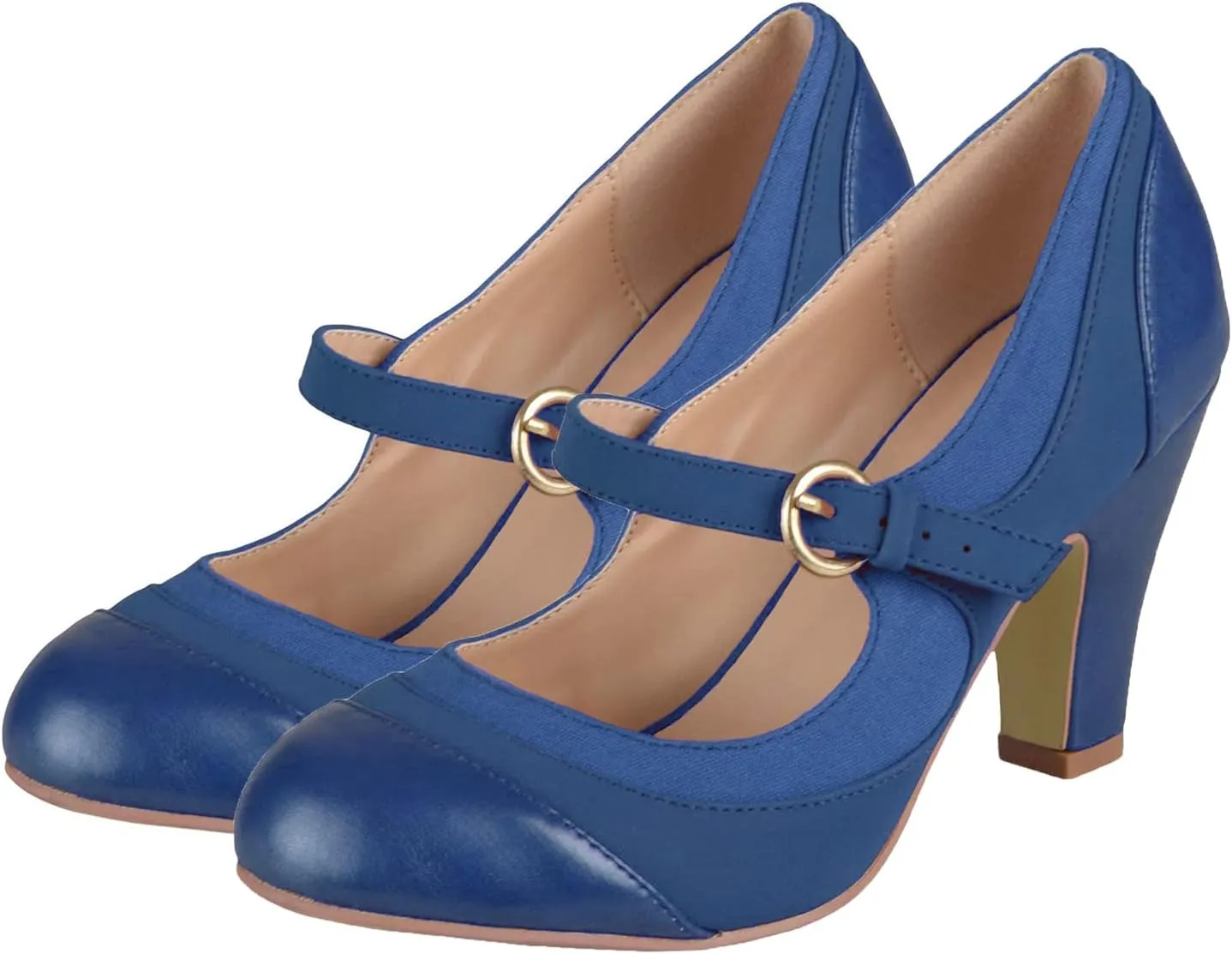 SHODENSE Women Kitten Heel Mary Jane Pumps Closed Round Toe Ankle Strap Patchwork Comfy 3” Mid Chunky Mary Jane Heels Cap Toe Two Tone Buckle Dress Shoes Ladies Wedding Vintage 4-11 M US