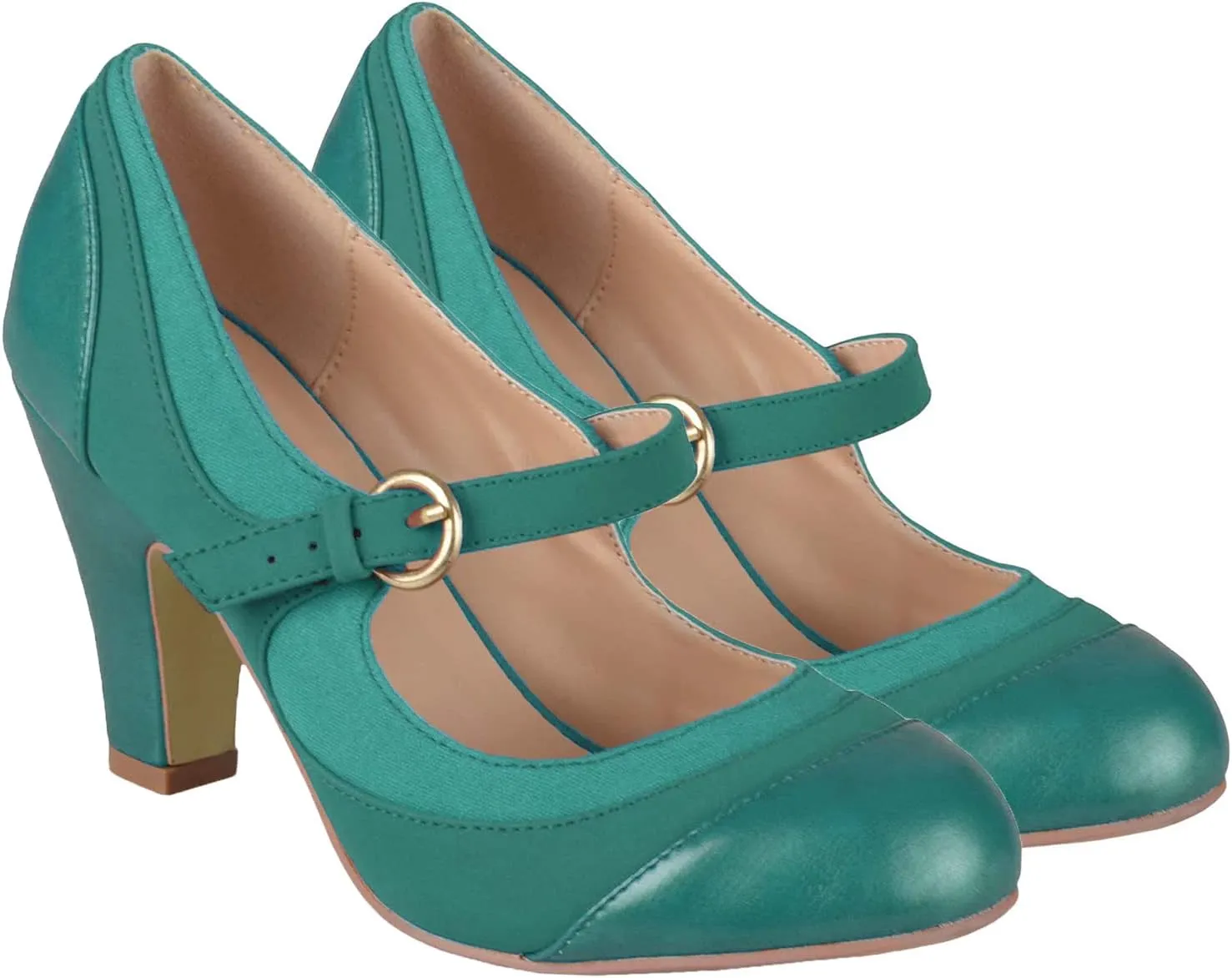 SHODENSE Women Kitten Heel Mary Jane Pumps Closed Round Toe Ankle Strap Patchwork Comfy 3” Mid Chunky Mary Jane Heels Cap Toe Two Tone Buckle Dress Shoes Ladies Wedding Vintage 4-11 M US