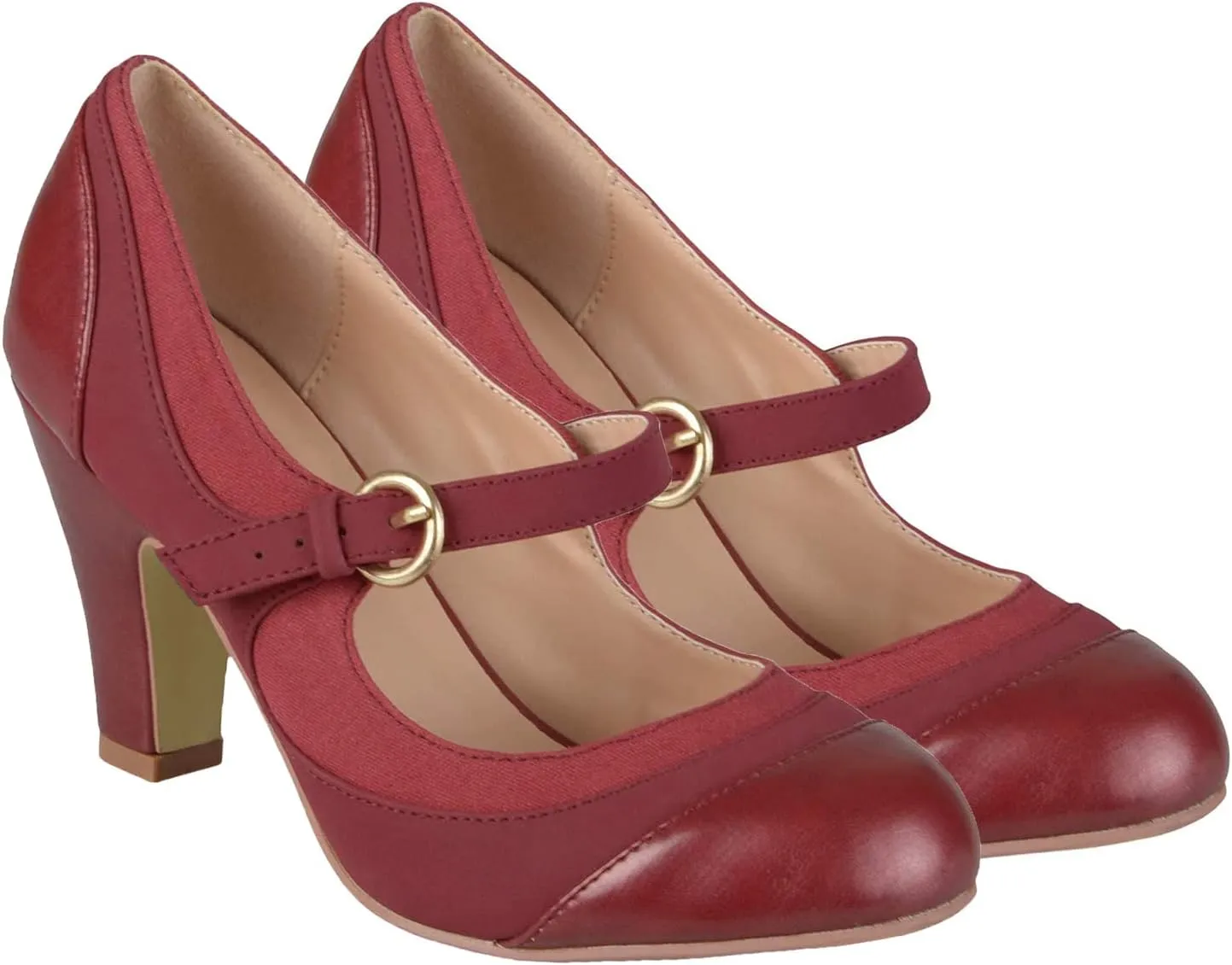 SHODENSE Women Kitten Heel Mary Jane Pumps Closed Round Toe Ankle Strap Patchwork Comfy 3” Mid Chunky Mary Jane Heels Cap Toe Two Tone Buckle Dress Shoes Ladies Wedding Vintage 4-11 M US