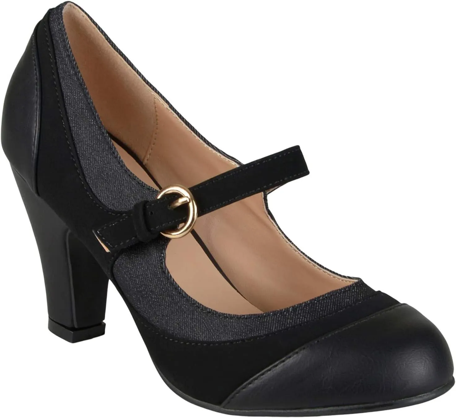 SHODENSE Women Kitten Heel Mary Jane Pumps Closed Round Toe Ankle Strap Patchwork Comfy 3” Mid Chunky Mary Jane Heels Cap Toe Two Tone Buckle Dress Shoes Ladies Wedding Vintage 4-11 M US