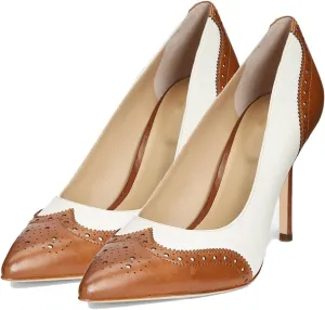 SHODENSE Women Pointed Toe Stiletto Heel Pumps Oxford Slip On High Heels Two Tone Perforated 4 inch Stiletto High Heels Pointy Closed Toe Dress Heels Wingtips Vintage Retro Sexy 4-11 M US