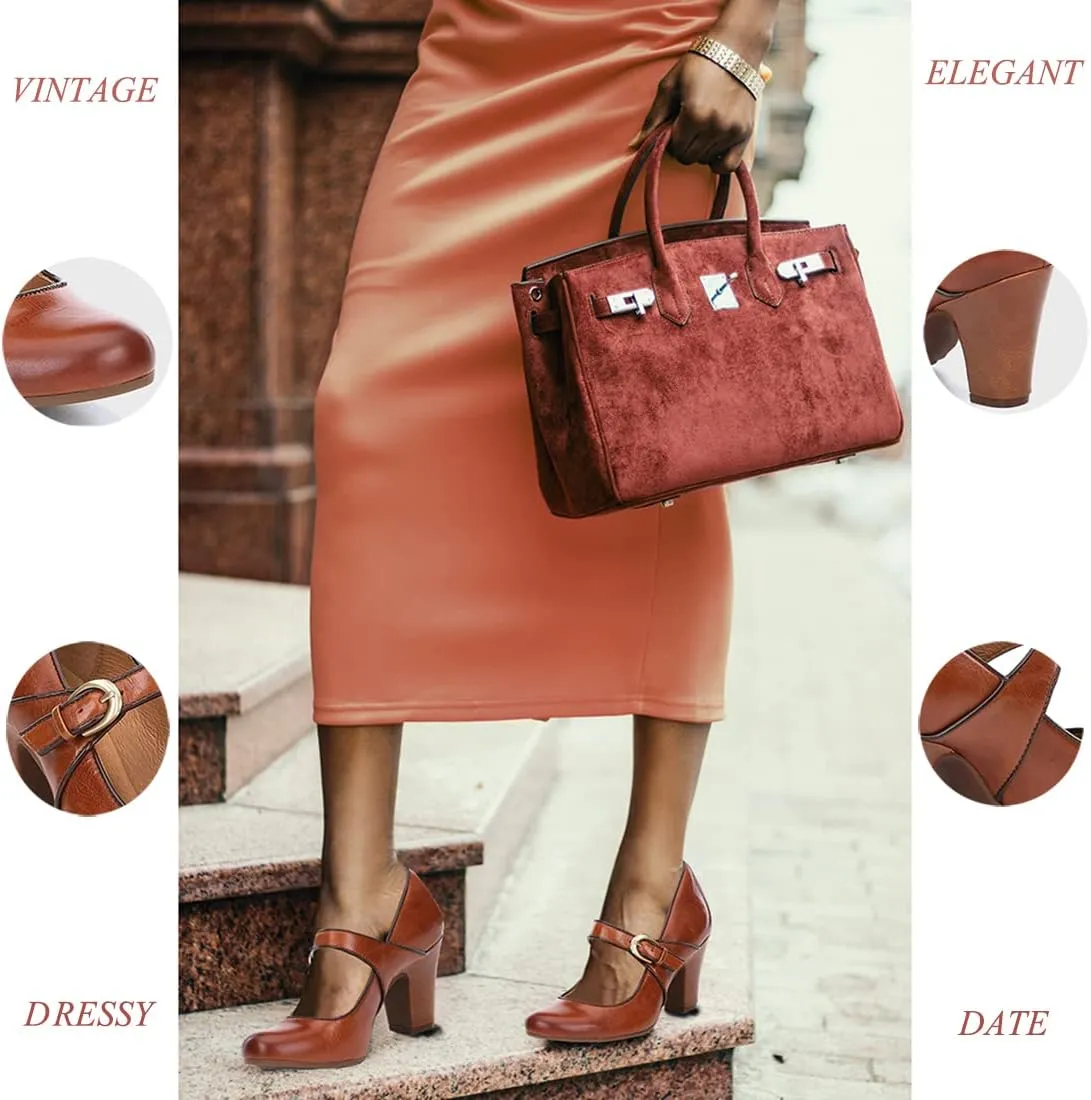 SHODENSE Women Vintage Chunky High Heel Mary Jane Shoes Round Closed Toe Ankle Strap Dress Sandals 3" Block Heels Mary Jane Lolita Pumps Two-Toned Patchwork Buckle Office Lady Wedding Retro 4-11 M US