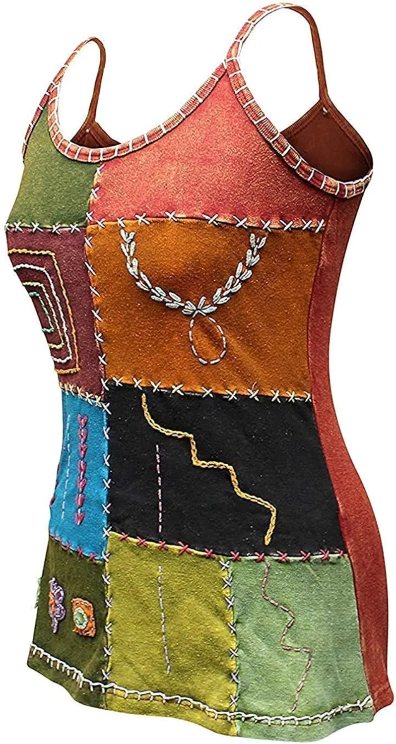 Shopoholic Fashion Women Hippie Style Ladies Tank Tops/Vest,Patchwork T-Shirt,Festival Cami Boho