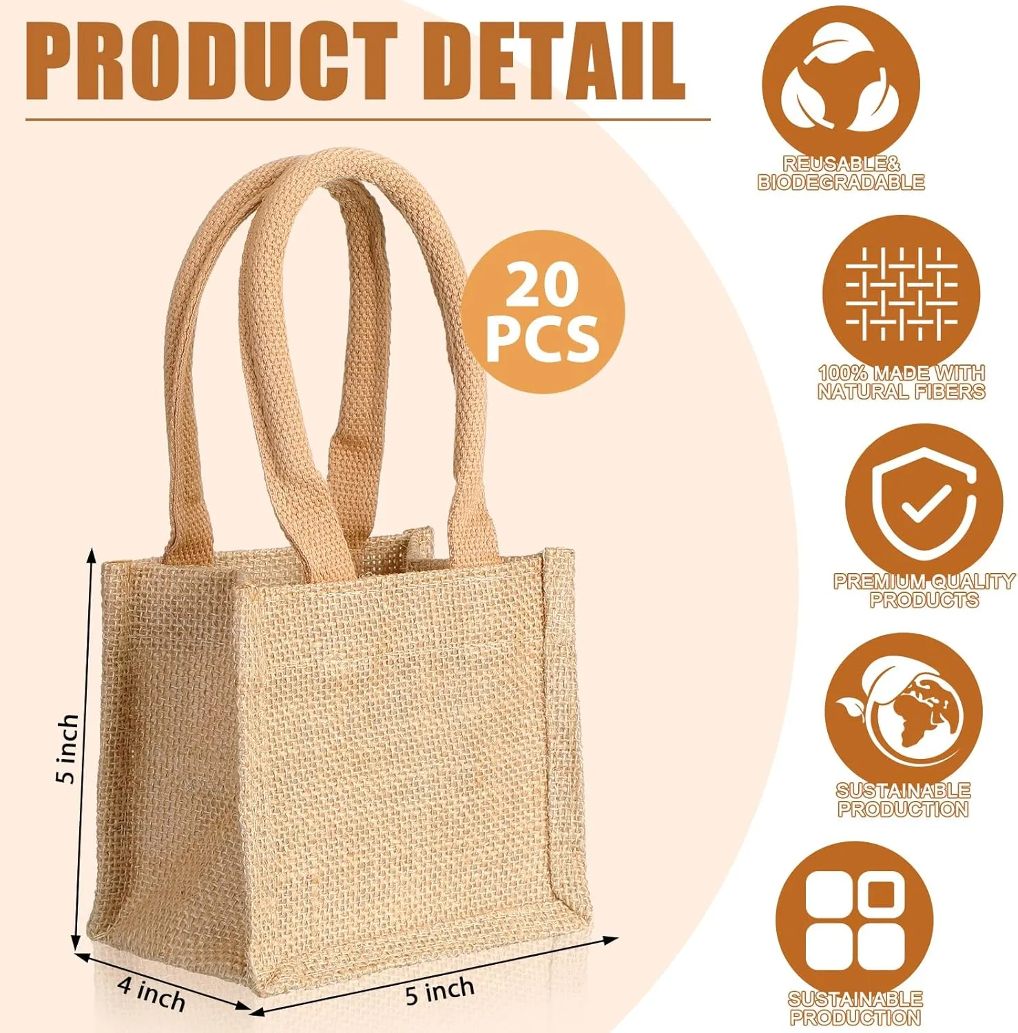 Silkfly 20 Pcs Mini Burlap Jute Tote Bags with Handle Small Blank Reusable Market Grocery Bags for Teacher Bridesmaids Wedding Gift Shopping DIY Travel Beach Thanksgiving Christmas (5 x 5 x 4 in)