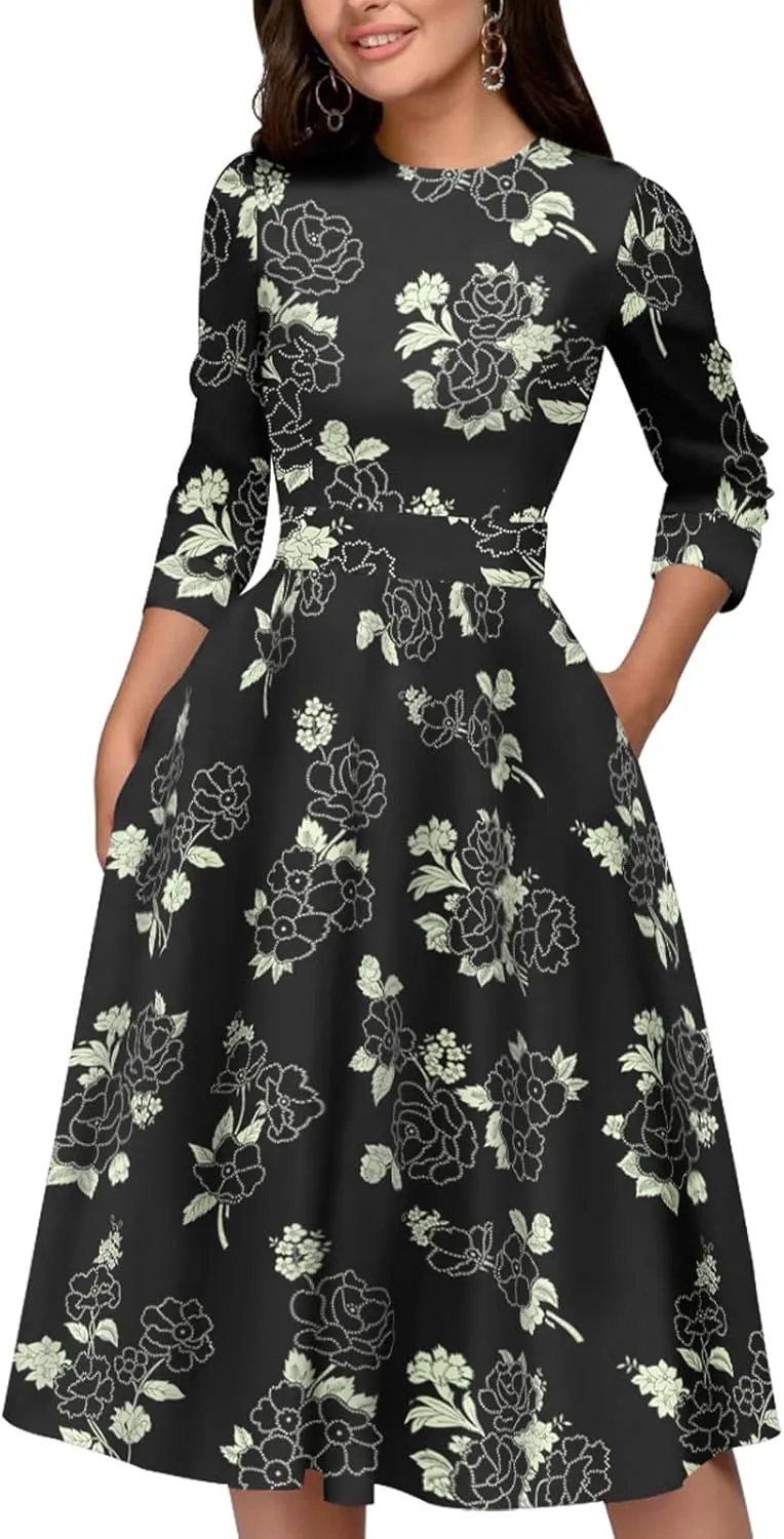 Simple Flavor Women's Floral Vintage Dress Elegant Midi Evening Dress 3/4 Sleeves