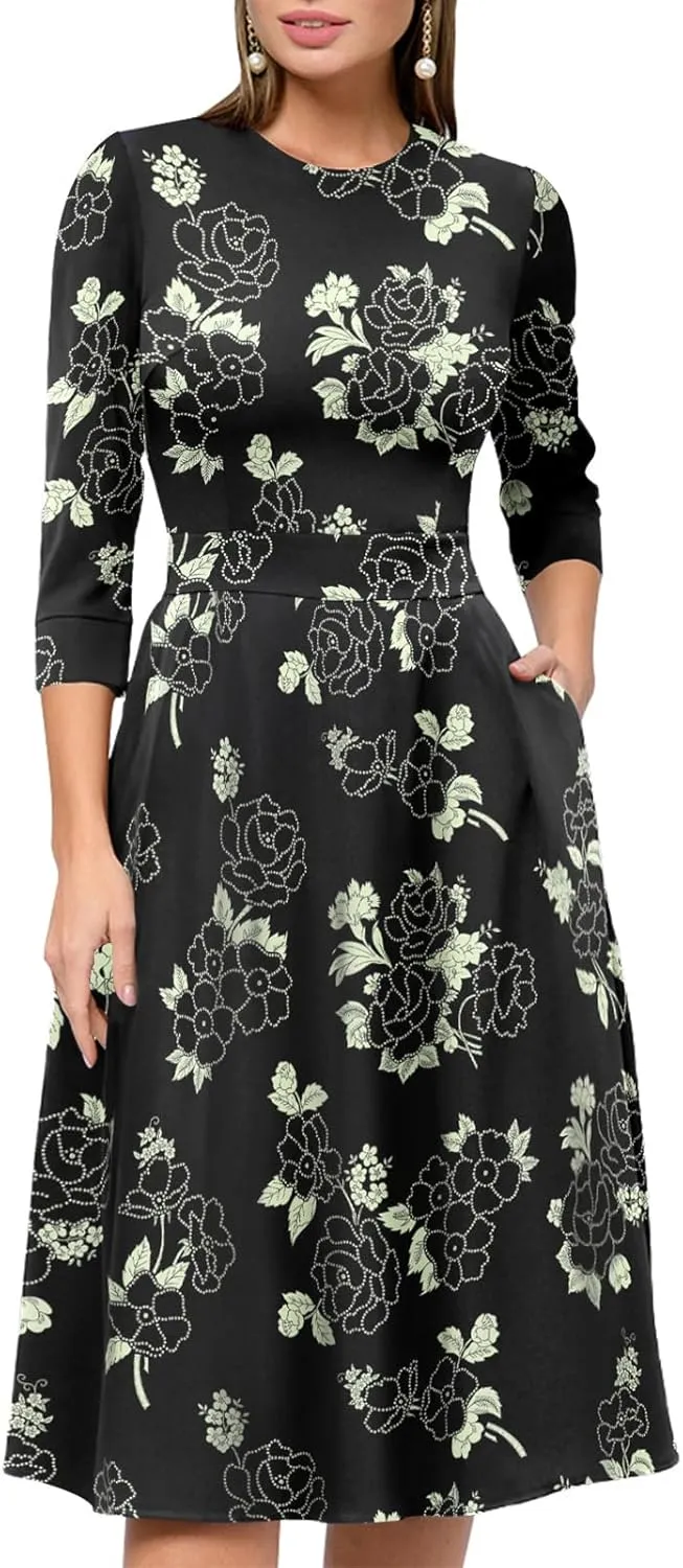 Simple Flavor Women's Floral Vintage Dress Elegant Midi Evening Dress 3/4 Sleeves