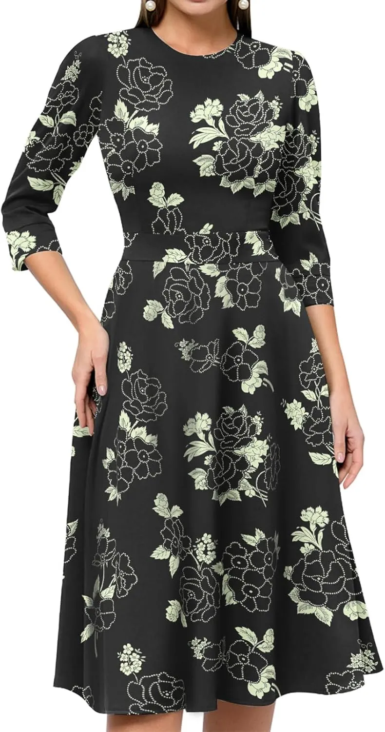 Simple Flavor Women's Floral Vintage Dress Elegant Midi Evening Dress 3/4 Sleeves