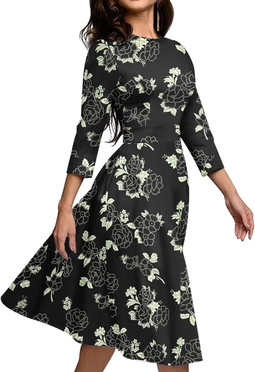 Simple Flavor Women's Floral Vintage Dress Elegant Midi Evening Dress 3/4 Sleeves