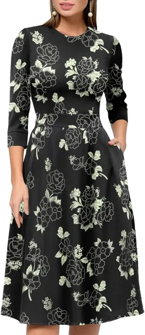 Simple Flavor Women's Floral Vintage Dress Elegant Midi Evening Dress 3/4 Sleeves