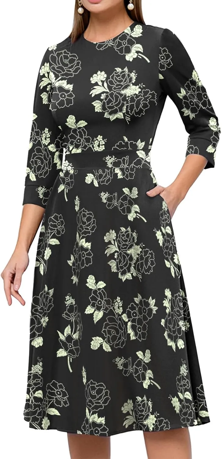 Simple Flavor Women's Floral Vintage Dress Elegant Midi Evening Dress 3/4 Sleeves