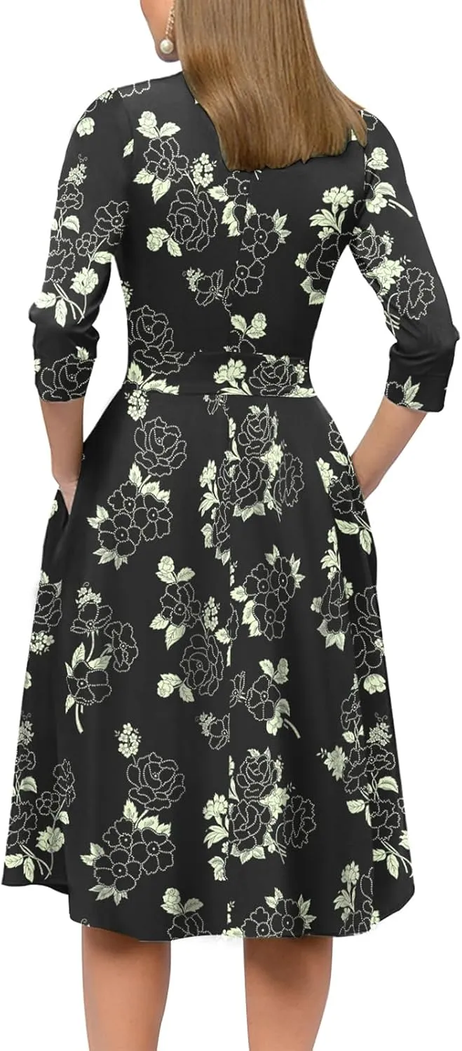 Simple Flavor Women's Floral Vintage Dress Elegant Midi Evening Dress 3/4 Sleeves