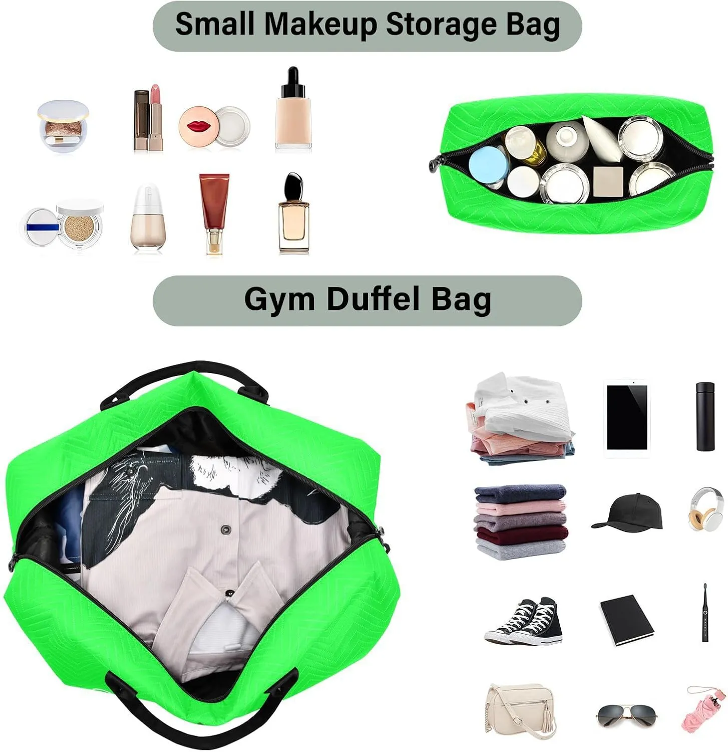 Sinestour Neon Green Custom Travel Duffel Bag for Men Women with Makeup Bag Personalized Weekend Overnight Carry On Bags for Workout Gym Traveling