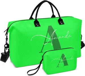 Sinestour Neon Green Custom Travel Duffel Bag for Men Women with Makeup Bag Personalized Weekend Overnight Carry On Bags for Workout Gym Traveling