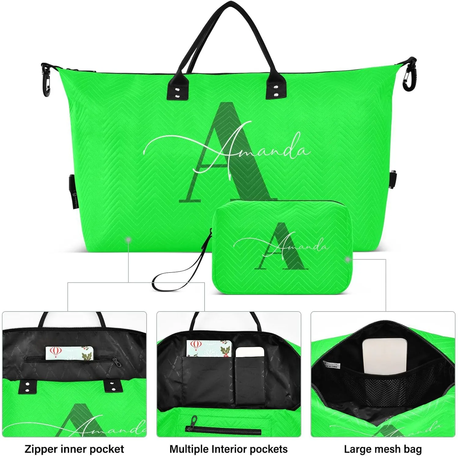 Sinestour Neon Green Custom Travel Duffel Bag for Men Women with Makeup Bag Personalized Weekend Overnight Carry On Bags for Workout Gym Traveling