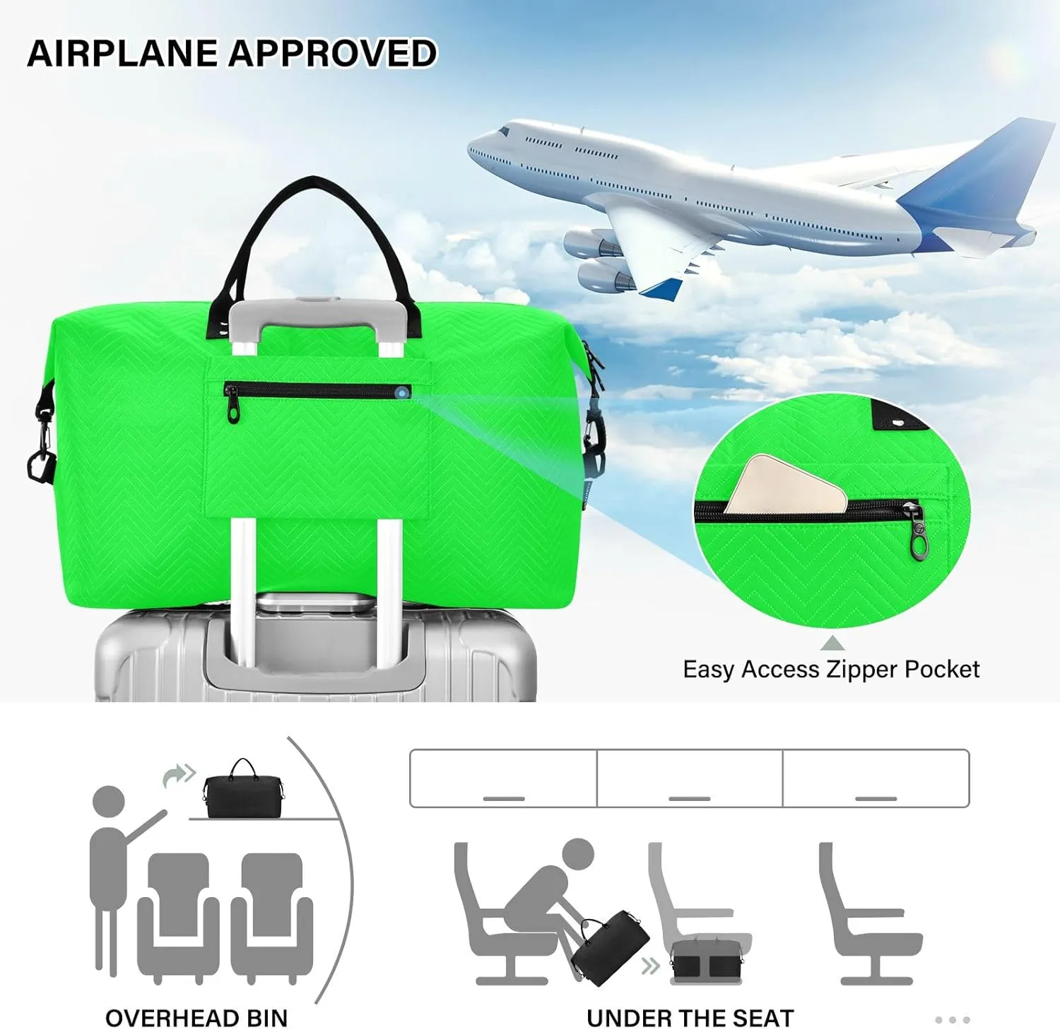 Sinestour Neon Green Custom Travel Duffel Bag for Men Women with Makeup Bag Personalized Weekend Overnight Carry On Bags for Workout Gym Traveling