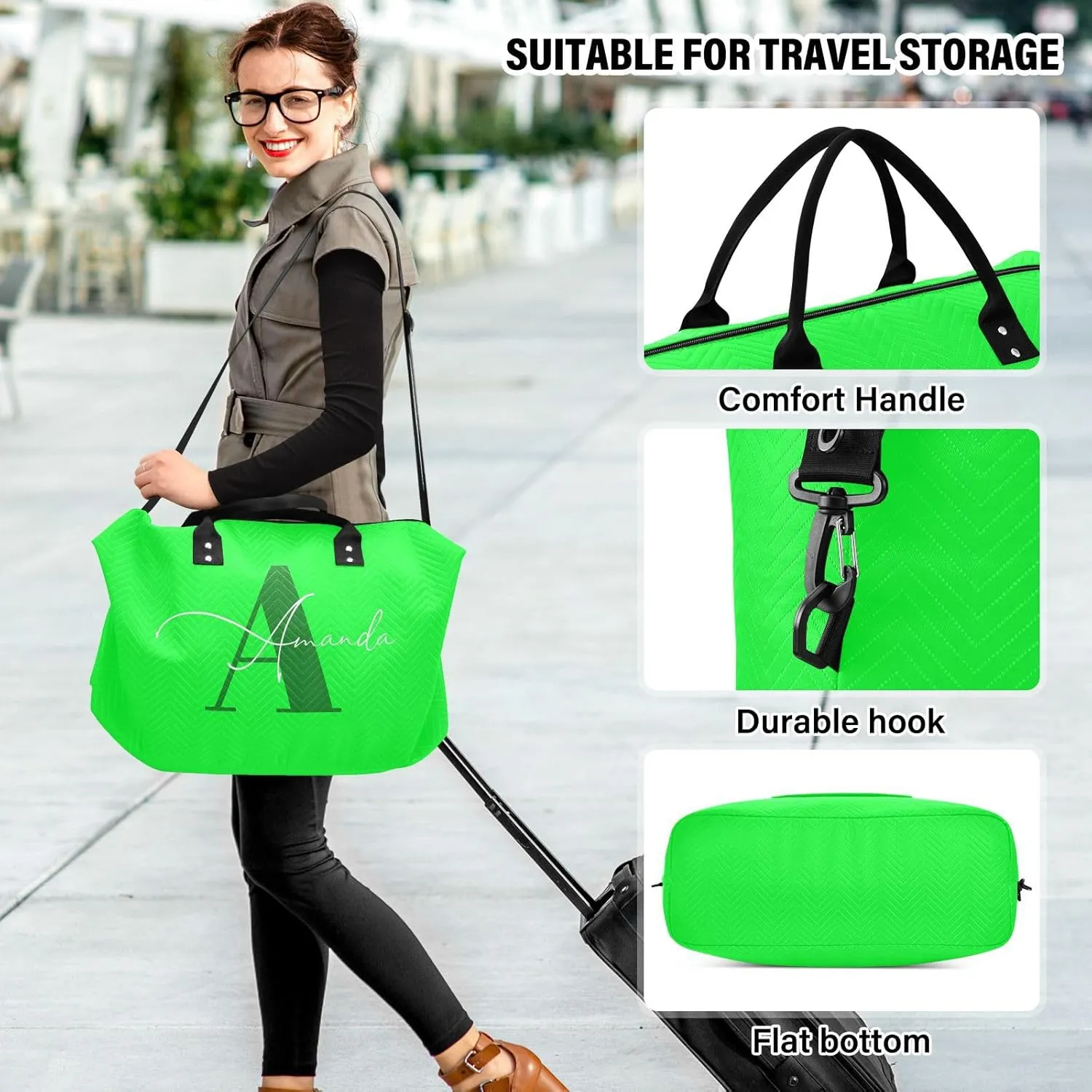 Sinestour Neon Green Custom Travel Duffel Bag for Men Women with Makeup Bag Personalized Weekend Overnight Carry On Bags for Workout Gym Traveling