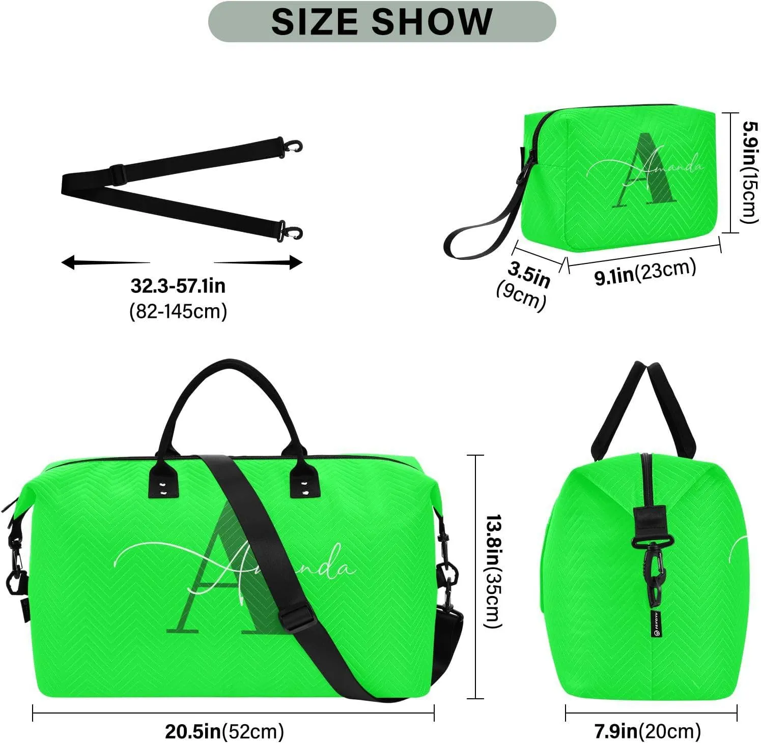 Sinestour Neon Green Custom Travel Duffel Bag for Men Women with Makeup Bag Personalized Weekend Overnight Carry On Bags for Workout Gym Traveling