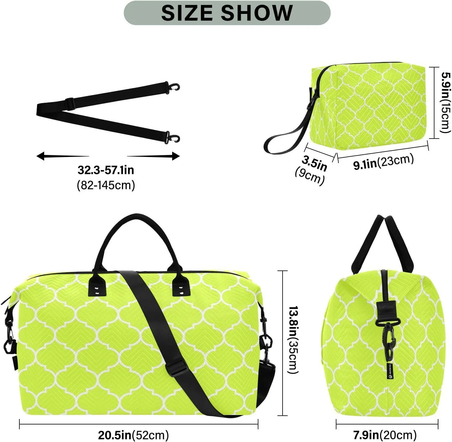 Sinestour Neon Yellow Moroccan Tile Travel Duffel Bag for Men Women with Makeup Bag Weekend Overnight Carry On Bags for Under Seat Travel Airline