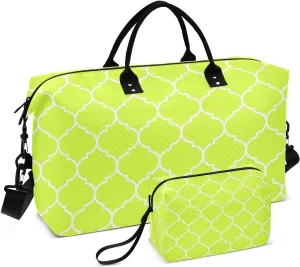 Sinestour Neon Yellow Moroccan Tile Travel Duffel Bag for Men Women with Makeup Bag Weekend Overnight Carry On Bags for Under Seat Travel Airline