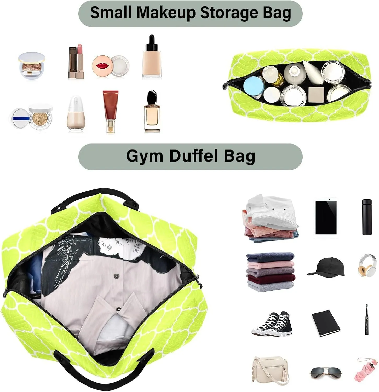 Sinestour Neon Yellow Moroccan Tile Travel Duffel Bag for Men Women with Makeup Bag Weekend Overnight Carry On Bags for Under Seat Travel Airline