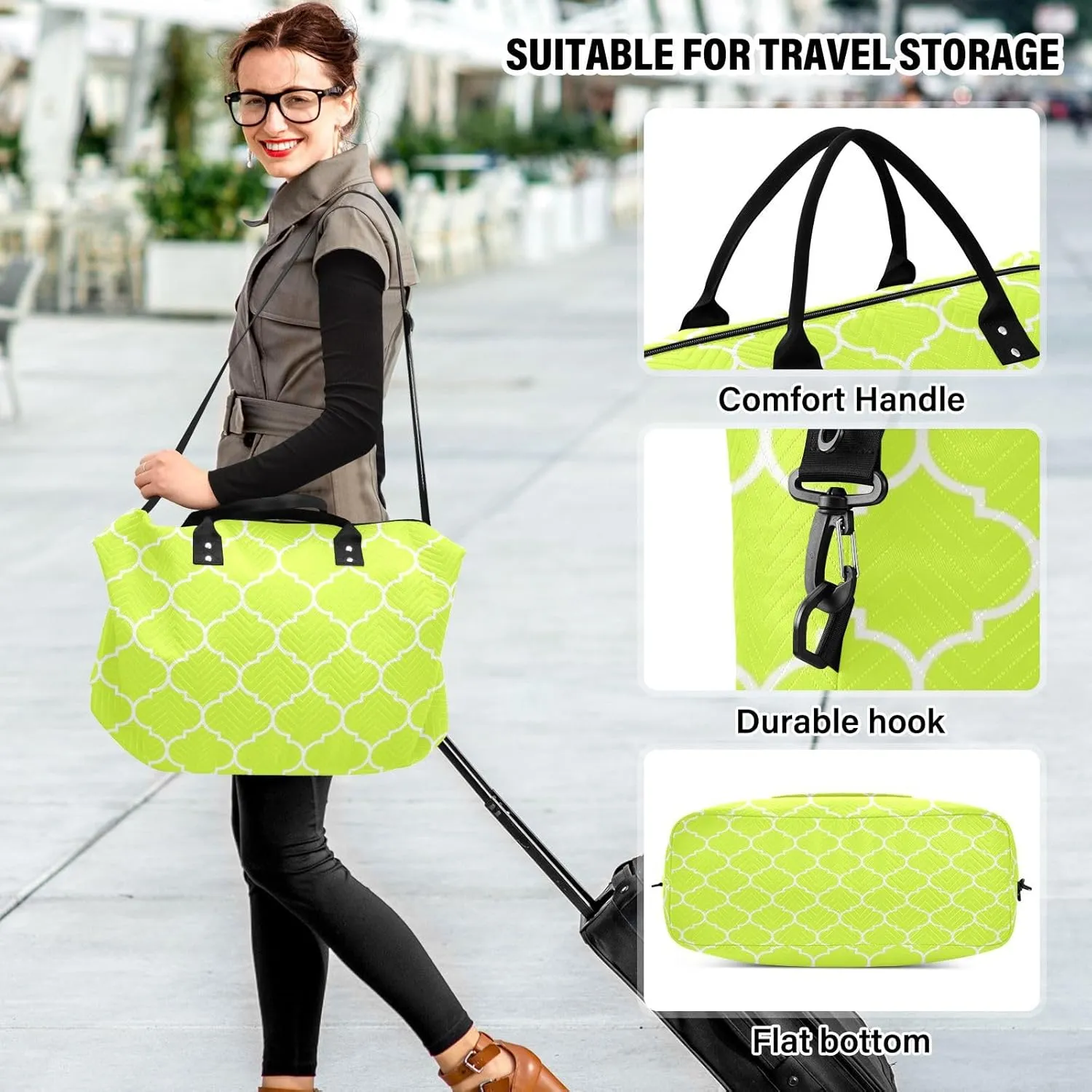 Sinestour Neon Yellow Moroccan Tile Travel Duffel Bag for Men Women with Makeup Bag Weekend Overnight Carry On Bags for Under Seat Travel Airline
