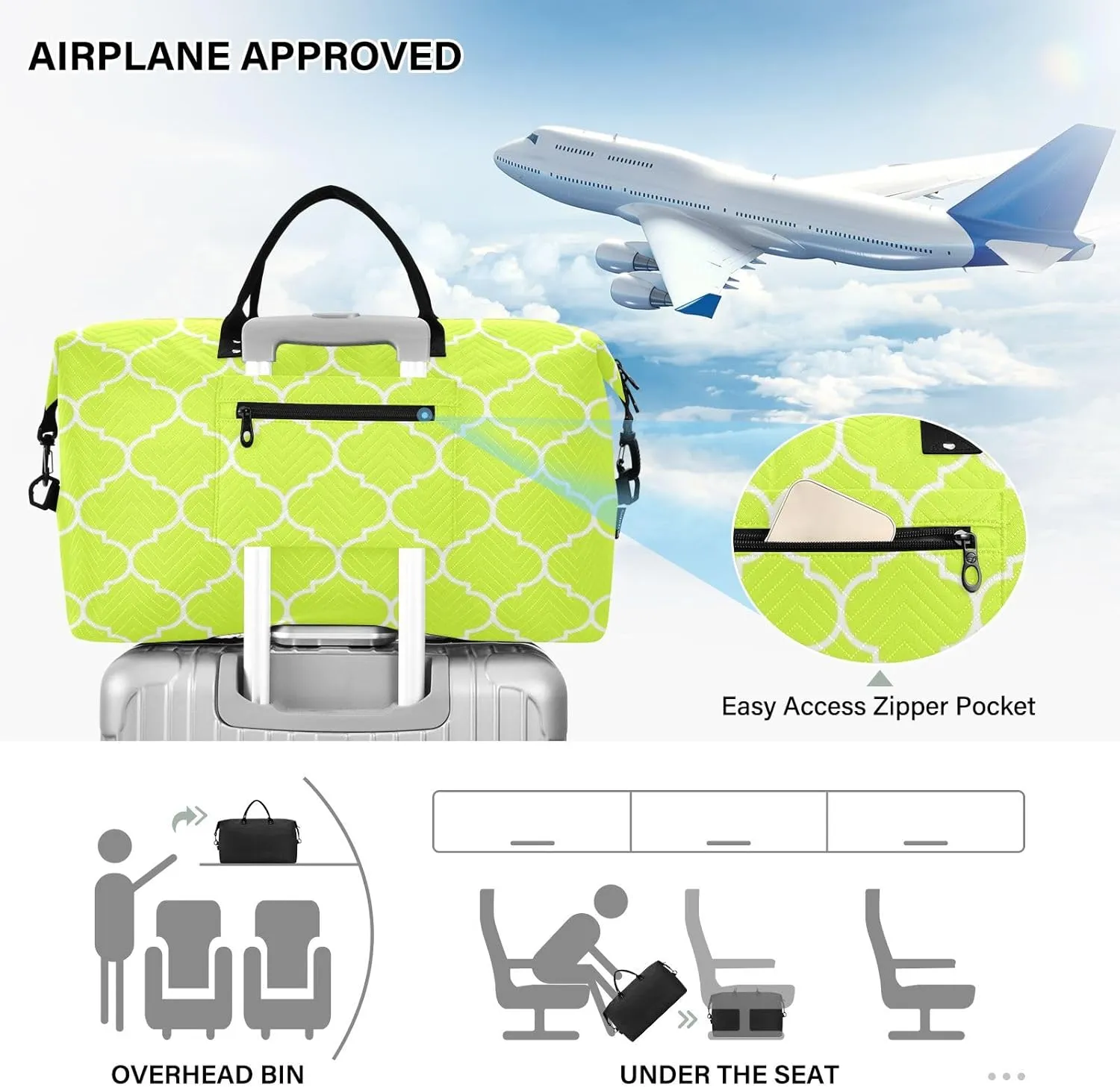Sinestour Neon Yellow Moroccan Tile Travel Duffel Bag for Men Women with Makeup Bag Weekend Overnight Carry On Bags for Under Seat Travel Airline