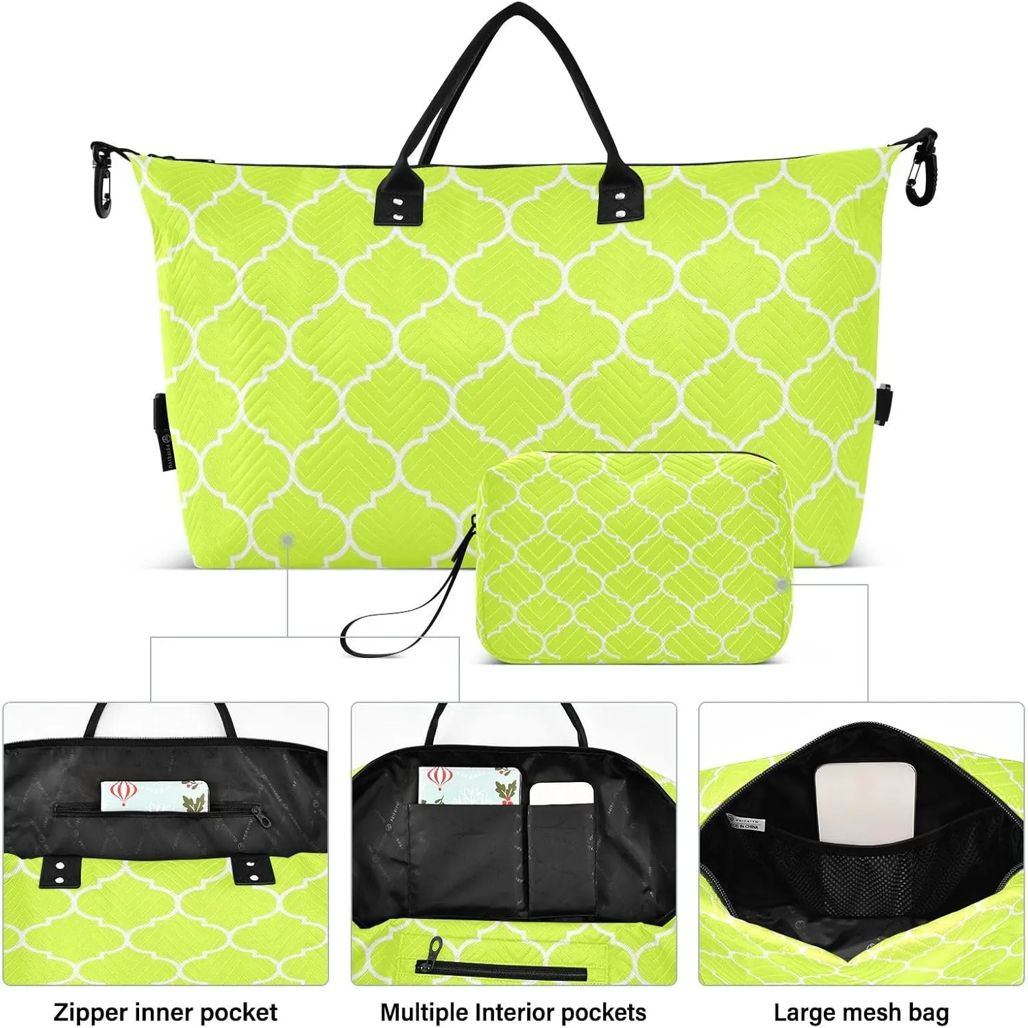 Sinestour Neon Yellow Moroccan Tile Travel Duffel Bag for Men Women with Makeup Bag Weekend Overnight Carry On Bags for Under Seat Travel Airline